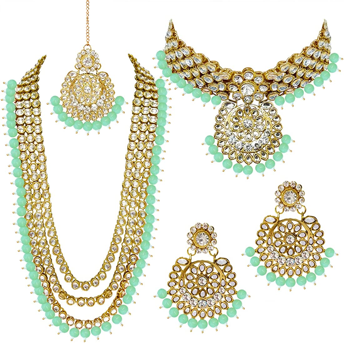 230816064918129_1 Aheli Indian Wedding Kundan Beaded Bridal Long Choker Necklace Earrings with Maang Tikka Traditional Jewellery Set for Women - Image 1
